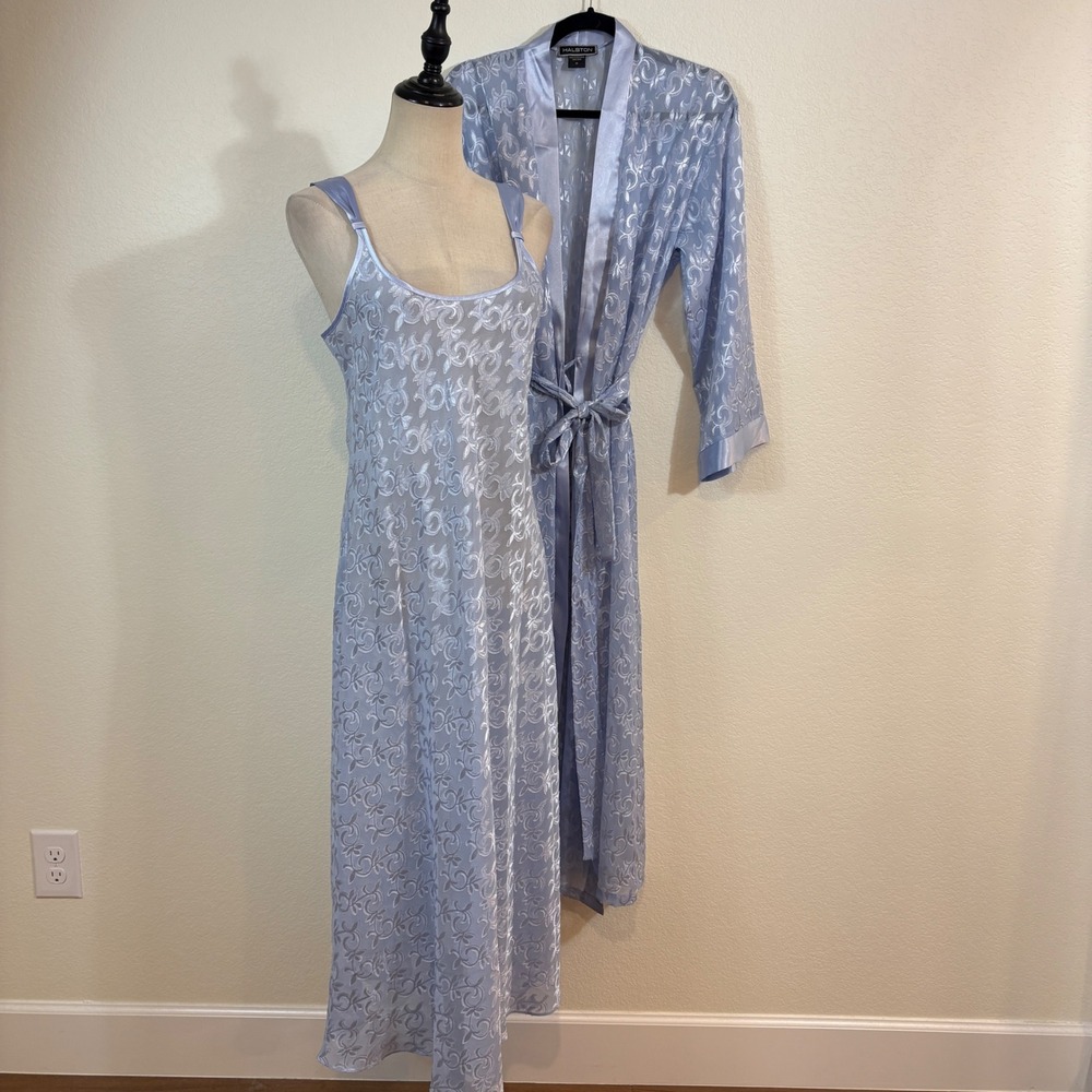 Vintage Halston Robe Set Nightgown L Blue Semi Sheer Burnout Coquette Honeymoon